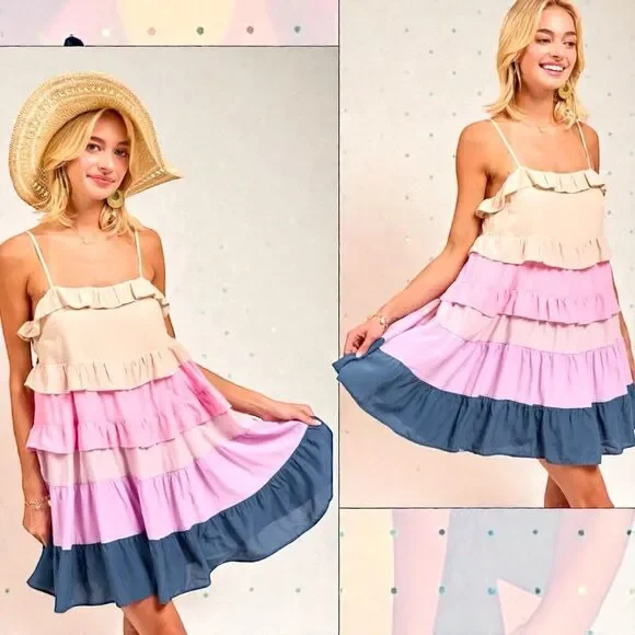 BiBi Color Blocked Ruffled Tiered Dress Medium NWT | - Picture 6 of 14